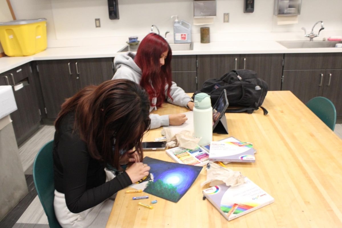Senior Elizabeth Torres-Roman and freshman Marisol Abarca-Roman finish an project in AP Art.